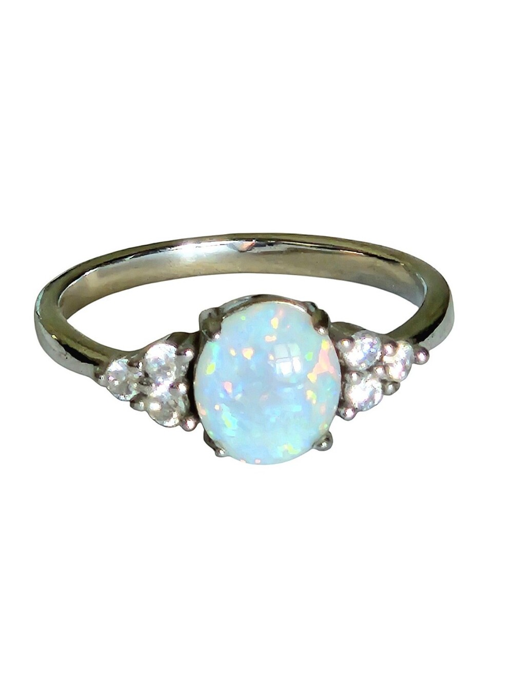 Sterling Silver White Opal Iridescent Ring with Sparkling Accent Stones, Size 8